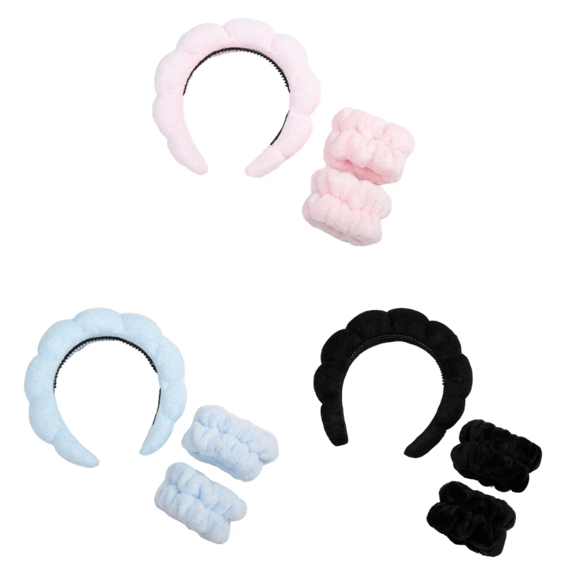 Spa Headband Wrist Washband Scrunchies Cuffs For Washing Face Spa Headband Wristband Set Sponge Padded Headband Makeup