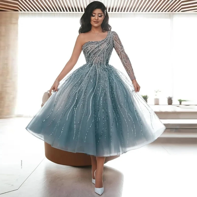 

Luxury Crystal Beadings Sequined Tulle Evening Dresses One Shoulder A-Line Saudi Arabic Prom Dress Wedding Party Gown