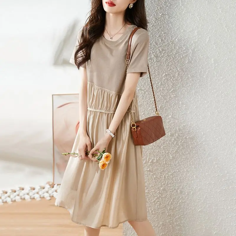 Fashion O-Neck Spliced Folds Short Sleeve Dress Women's Clothing 2024 Summer New Loose All-match Solid Color Party Dress