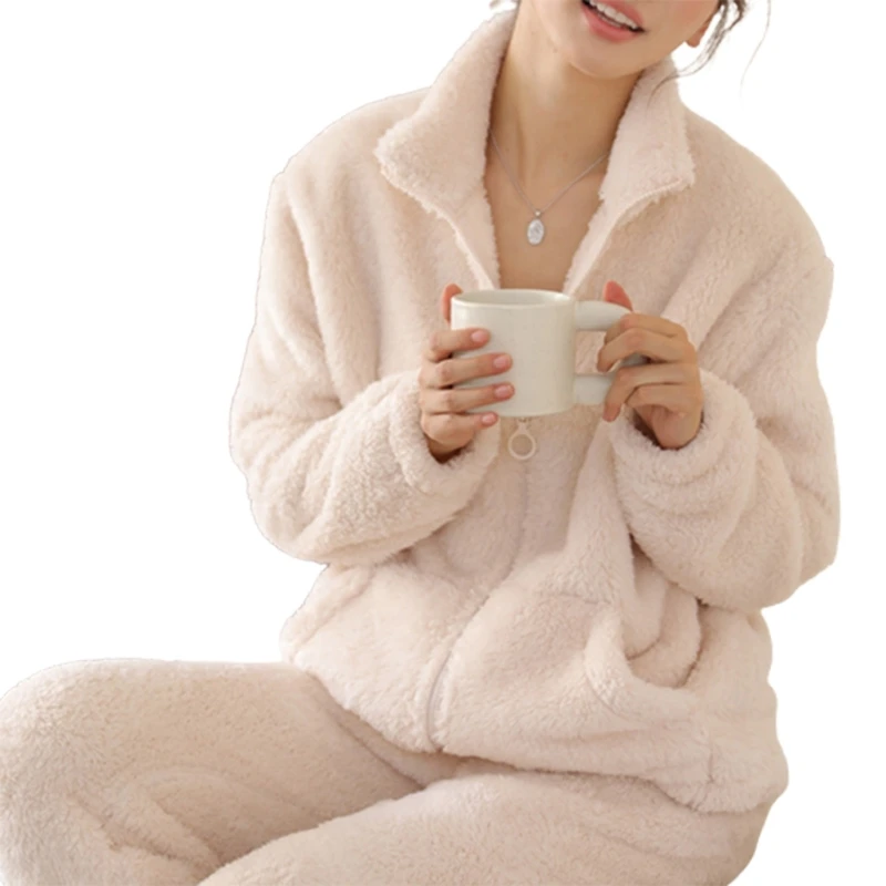 Womens Pyjamas Sets Warm Fleece Loungewear Ladies Pajamas Long Sleeve