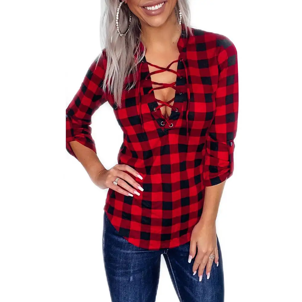 

Womens Plaid Long Sleeve Casual Tops Ladies Sexy Lace Up V Neck Tee Shirt Blouse Y2K For Female 2023