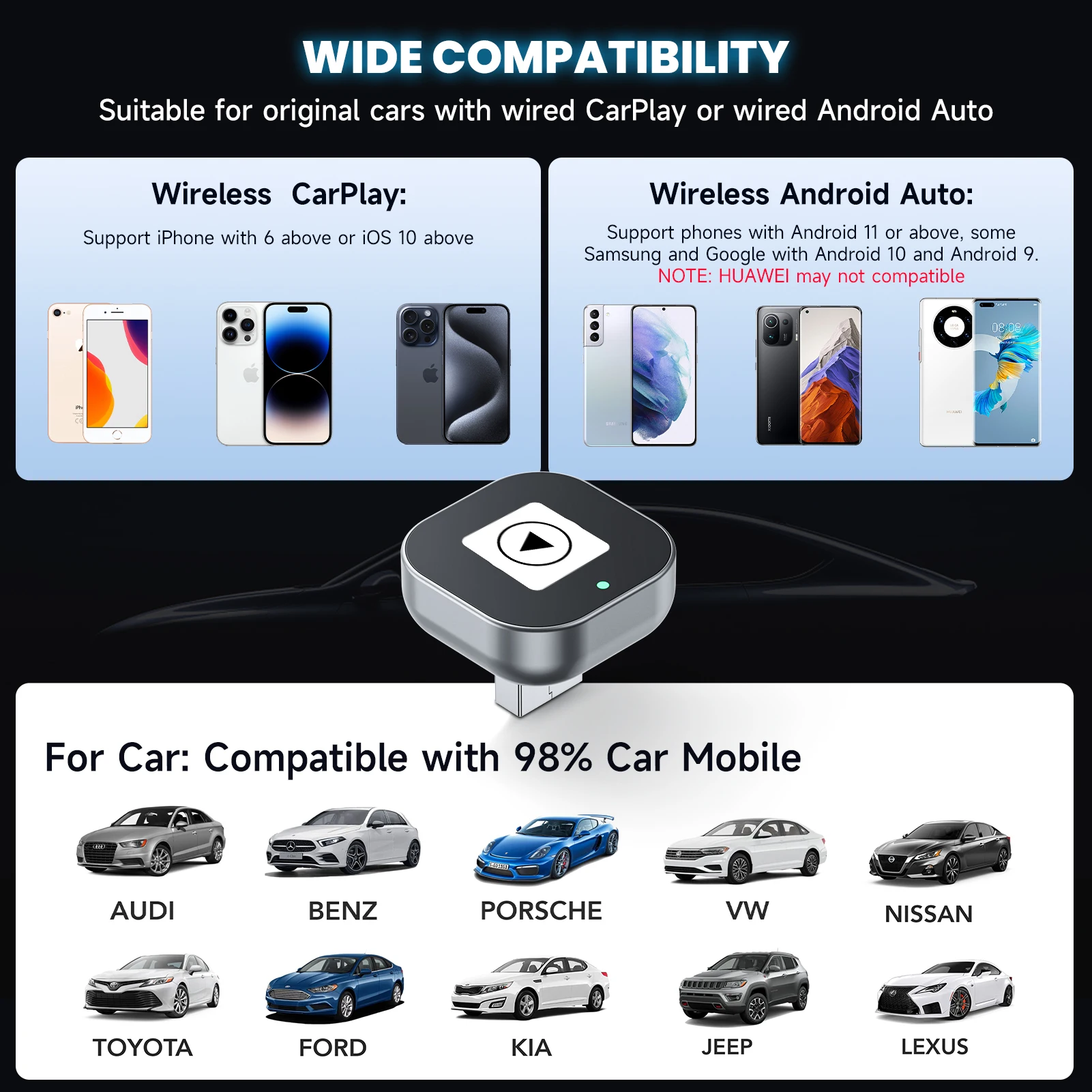 Wireless CarPlay Adapter for Wired Cars Compatible with Android Auto