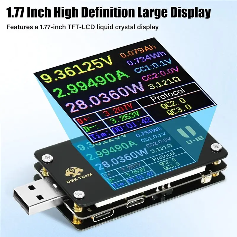 Testeur USB C 1.77" TFT Multimètre Voltmètre Ampèremètre Puissance