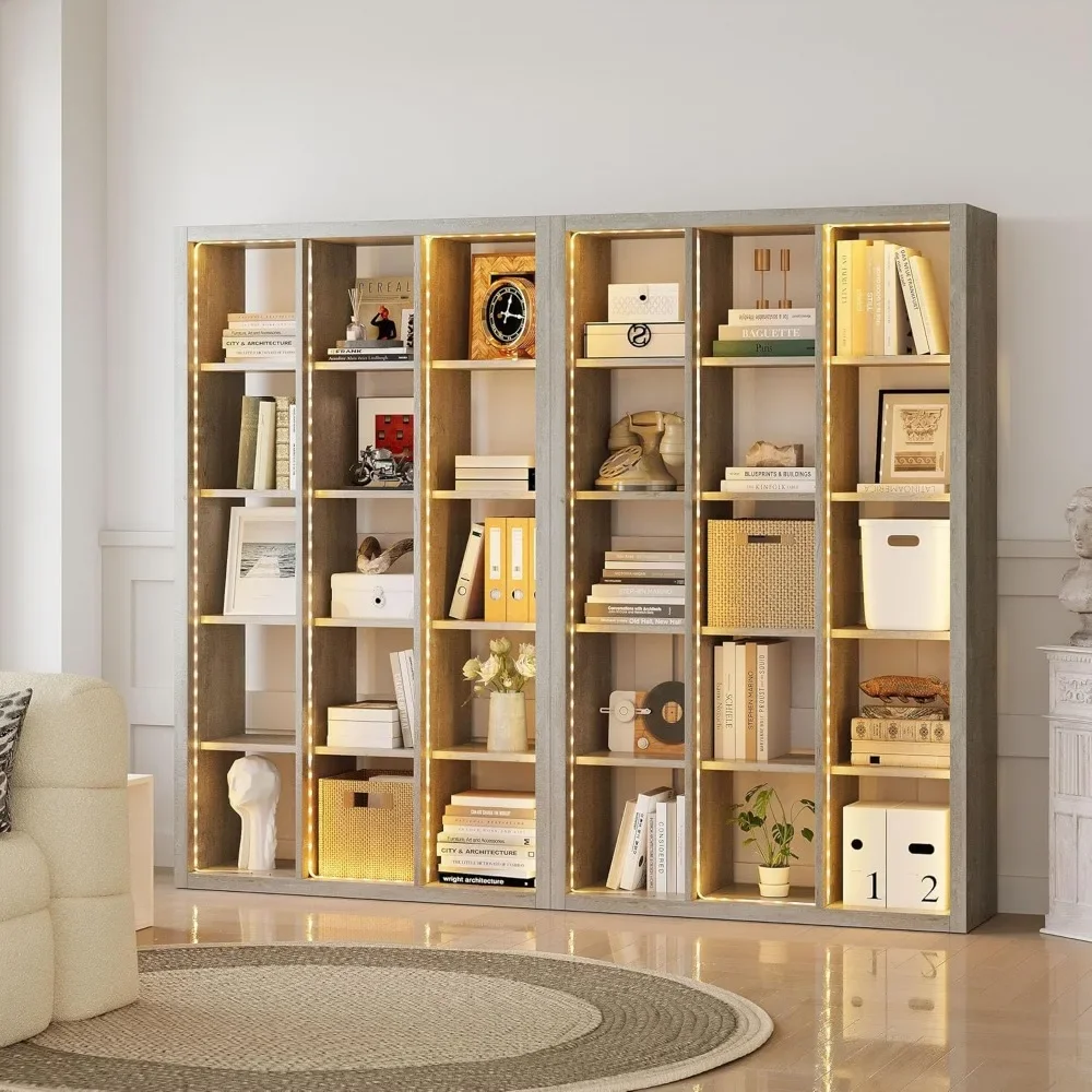 Living Room Furniture 15 Cube Bookcase Storage Shelf Organizer with LED Lights, 5 Tier Bookshelves and Bookcases Display Shelves 6
