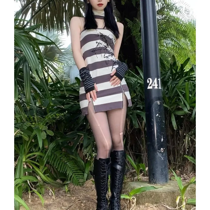 

Subculture Punk Y2k Girl Striped Halter Dress Female Dress Party with Hip Wrap Sexy Summer 2024 Women Chic Fashion Dressess