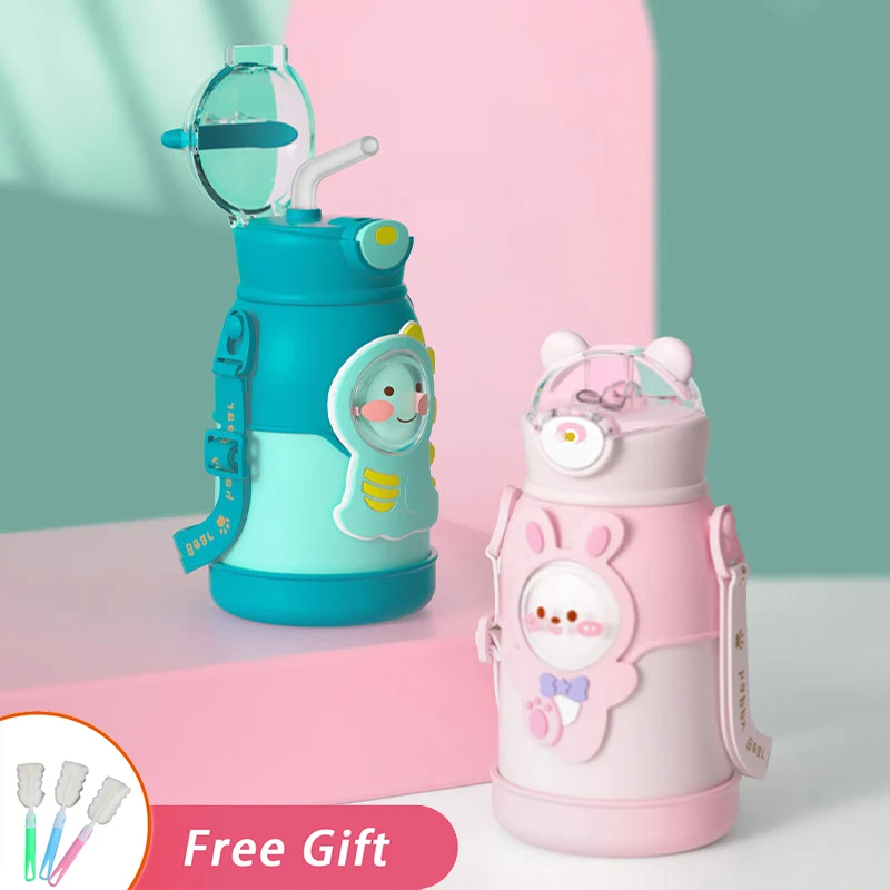 Double-Drink Tumbler Kawaii Kids Insulated Cups Cute Water Bottle For Girls  Cartoon Portable Straw Thermos Coffee Vacuum Flasks