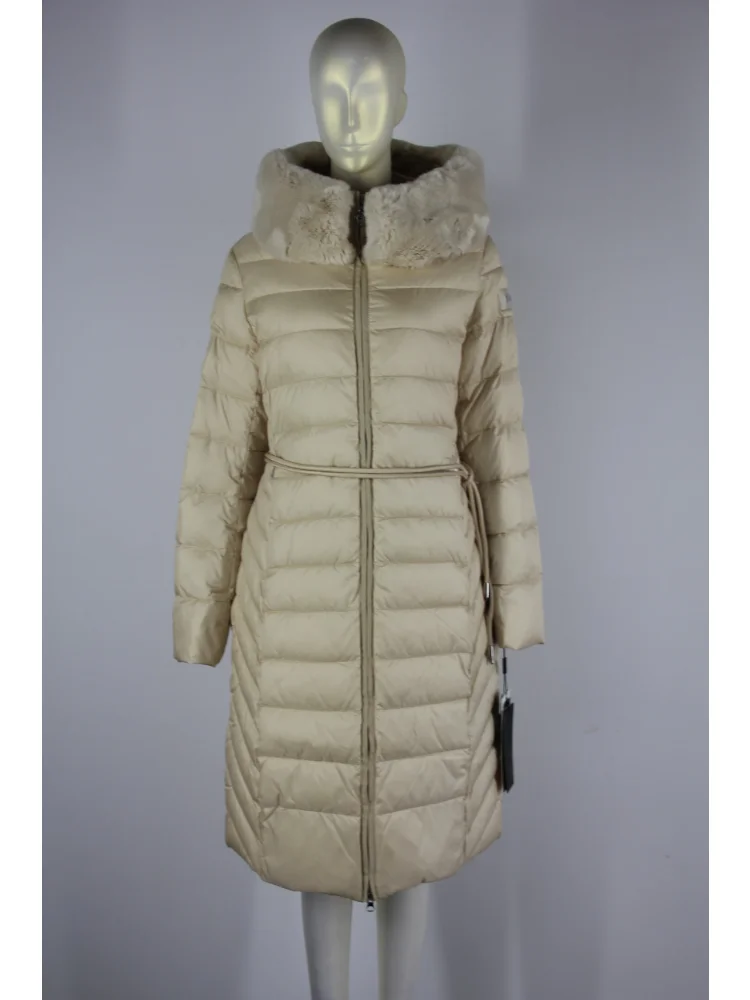 VERALBA Winter Warm Ladies Down Jacket With Fur Collar Belt Waist Collection Fashion Beige Coat Puffer Women Long Goose Female
