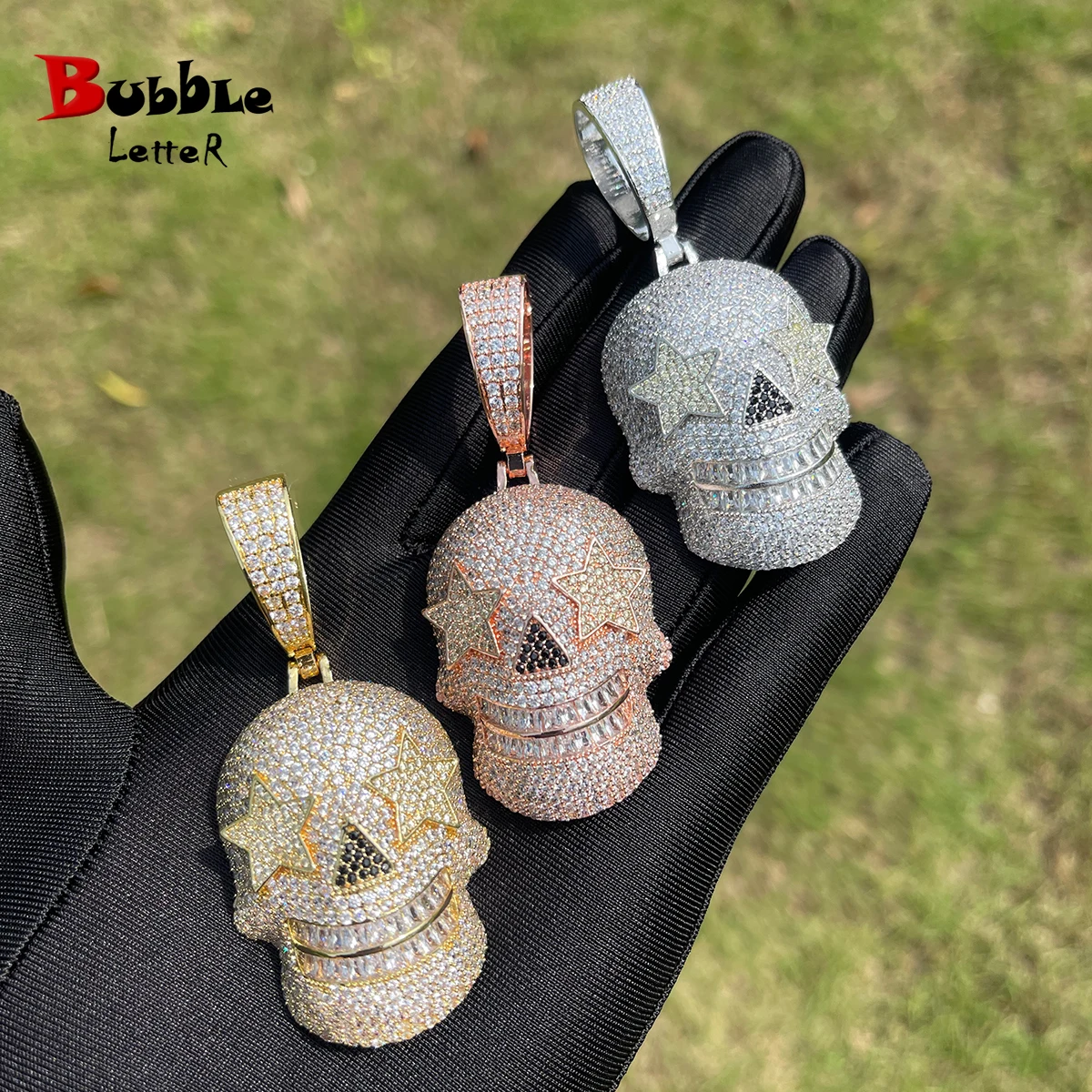 

Bubble Letter Iced Out Skull Necklace Pendant for Men Prong Setting Five Stars Eyes Real Copper Cubic Zirconia Hip Hop Jewelry