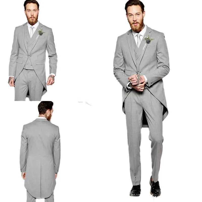 New Arrival Classic Men Suits Grey Long Tailcoat Wedding Groom Tuxedos Custom Made Morning Dinner Groomsmen Suits 3 Pieces