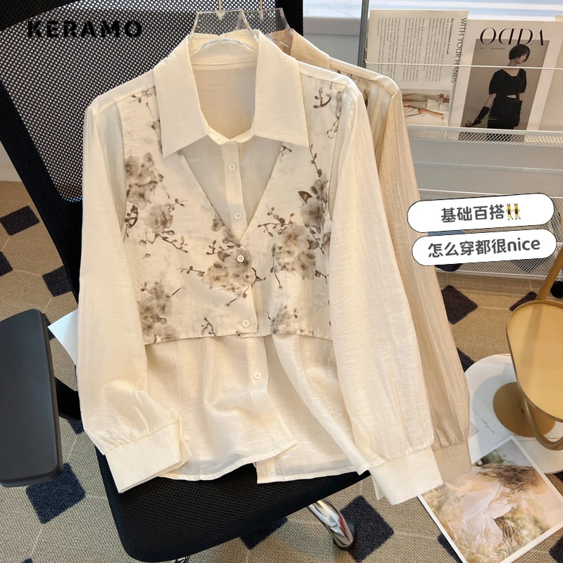 

Женская шифоновая блузка с отложным воротником, элегантная винтажная Тонкая блузка в китайском стиле с цветочным принтом и длинным рукавом, осень 2023