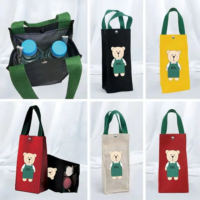 Cute Bear Portable Water Bottle Handbag Insulated Cup Cover Holder Hand Carrying Camping Cup Bag Canvas Printed Umbrella Bag 4