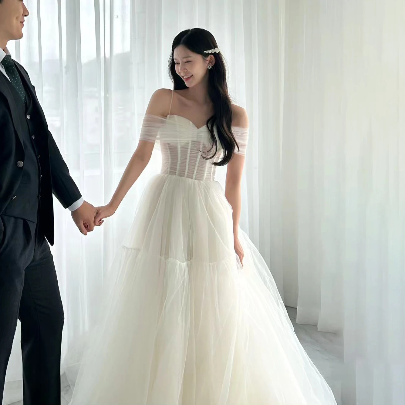 

OEING Sweetheart Luxury Formal Wedding Dress Pleat Chiffon Short Sleeves 프롬드레스 Floor Length Elegant Bride Growns Party Women