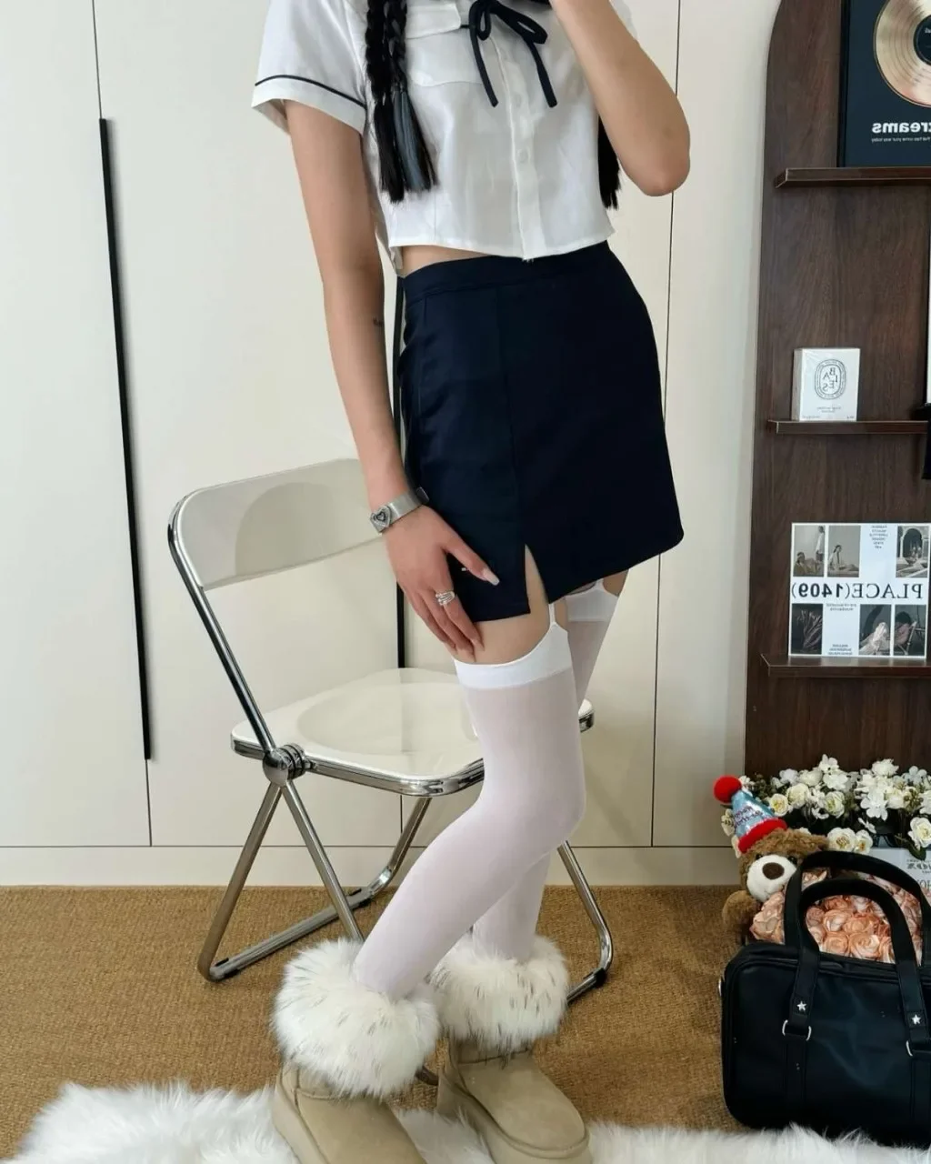 Damen Sexy Strapshalter-Strümpfe aus Samt, dünn, schwarz-weiß, unregelmäßig, mit freiliegender Haut, Lolita JK Japanische Kniestrümpfe – Detail 12