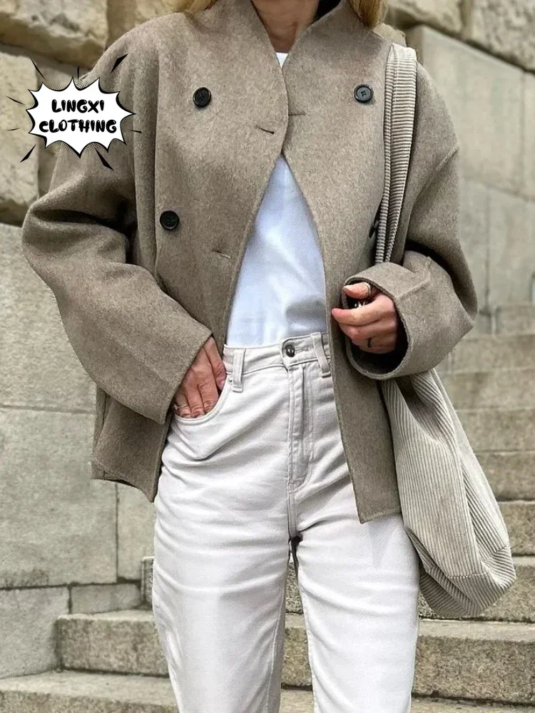 Elegant New Vintage Style Cashmere Coat Winter Double Breasted Street Style Warm Women's Jacket Lapel Loose Cardigan Coat