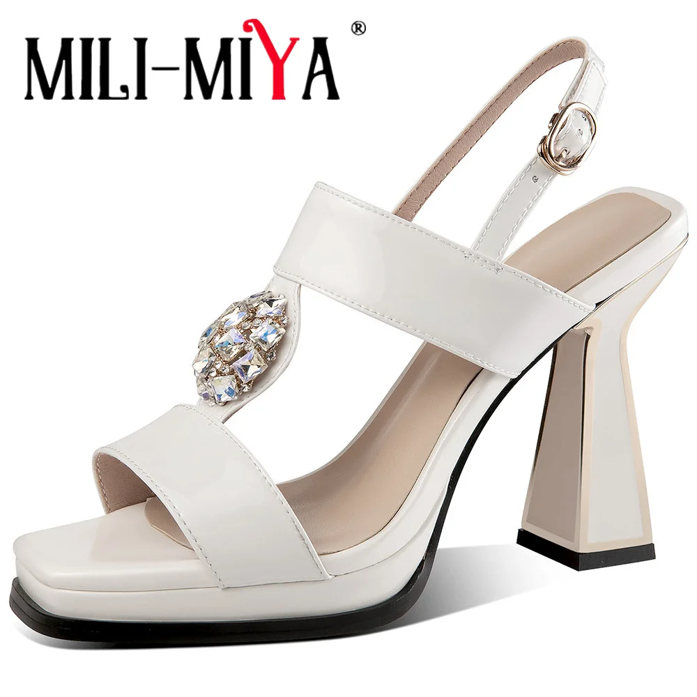 

MILI-MIYA New Arrival Women Cow Patent Leather Sandals Super High Thick Heels Square Toe Crystal Buckle Dress Party Summer Shoes