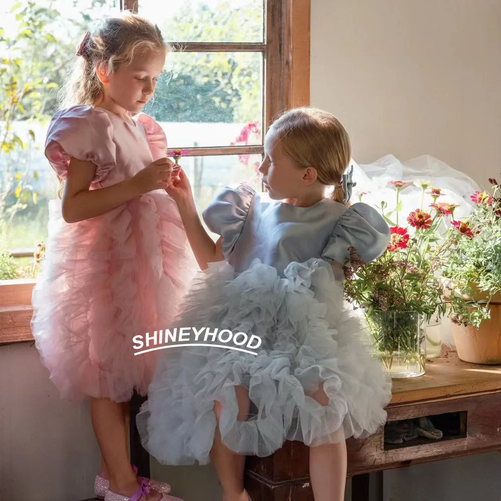 

New Arrival Applique Blue Pink Princess Puffy Wedding Tulle Net Ball Gowns Fluffy Birthday Party Frocks Flower Girl Dresses