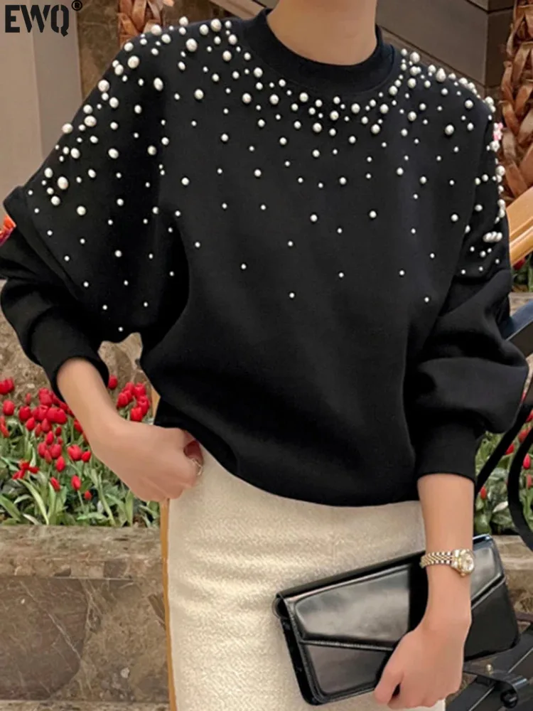 

[EWQ] Korean Chic O Neck Studded Long Sleeve Sweatshirt Loose Casual All Match Pullover Top Women 2024 New Spring Autumn 16U7320