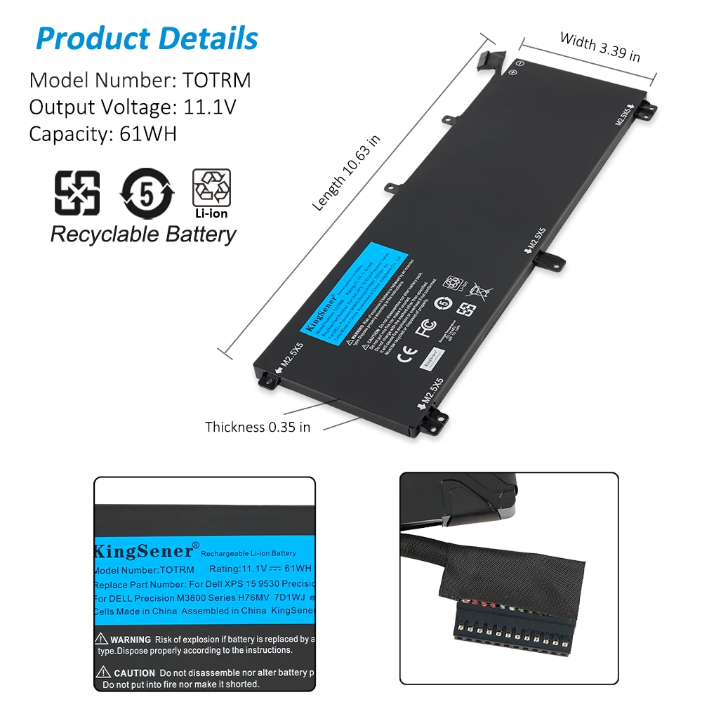 Kingsener-t0trm Bateria do Portátil Dell Xps 15 9530 Precisão M3800 H76mv 7d1wj 11.1v 61wh Ferramentas Gratuitas - Imagem 2