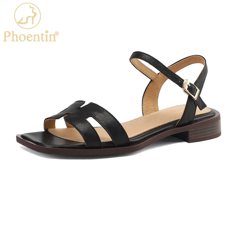 

Phoentin Women Genuine Leather Sandals Retro Casual Thick Heels Working Shoes drop shipping elegant office sandal black FT2465