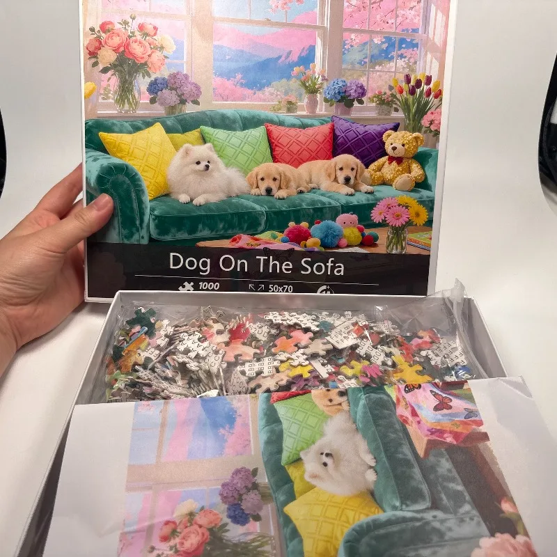 흰색 판지 성인용 퍼즐 1000개들이 한 상자, 소파 위의 개들 - 70x50cm/27.6x19.7인치, 애완동물 퍼즐, 좋은 선물 선택
