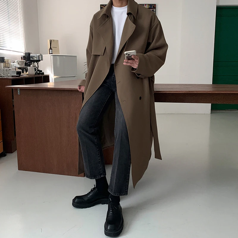 IEFB Autumn Winter Overcoat Men's Mid Length Coat Korean Fashion Loose Knee Over British Trench With Cotton Windbreakers 9C1874