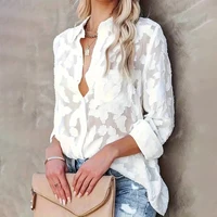 Women Flower Jacquard Blouse Plus Size Long Sleeve Mesh See Through Casual Streetwear Solid Shirts Autumn Ladies Oversize Tops