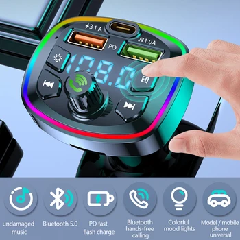 Car MP3 Player & Bluetooth 5.0 FM Transmitter – Hands-Free Radio Modulator with Built-in Mic & USB Quick Charge Adapter 1