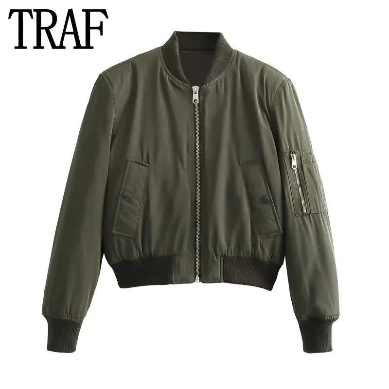 

TRAF 2024 Green Bomber Jackets For Women Zipper Cropped Jacket Women Long Sleeve Autumn Winter Jacket Streetwear Short Coats
