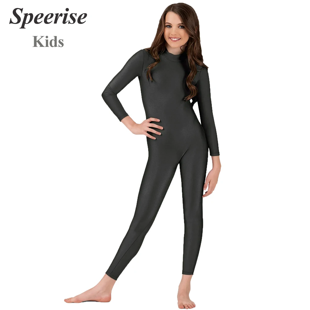 Speerise Kids Spandex Ballet Dance Unitard Turtleneck Gymnastics Full Bodysuit for Girls Black Long Sleeve Child Jumpsuit Wear