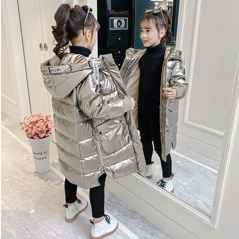 Russian Winter Down Cotton Jacket for Girls Waterproof Shiny Warm 5-14Years Teenage Hooded Thicken Coat Kids Parka Snowsuit