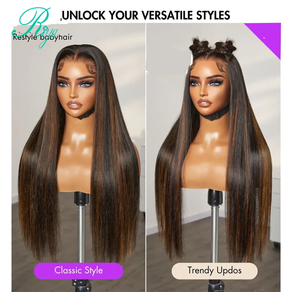 34 Inch Silk Straight Wig Per Cut Lace 4x4/7x5 Glueless Wig Highlight Brown Human Hair Hidden Strap 360 Glueless For Women