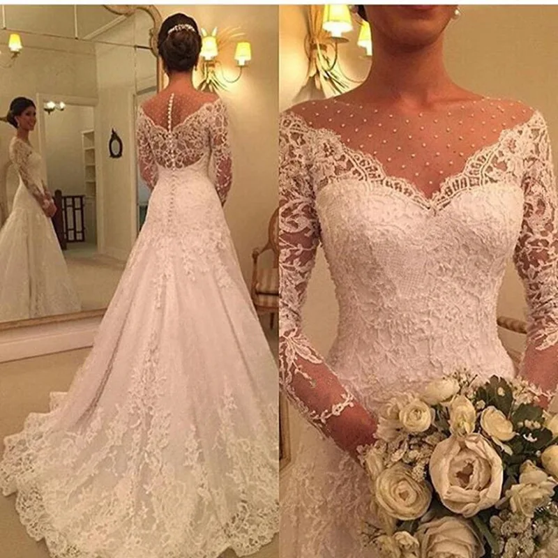 

VENSANAC Mermaid Appliques Long Sleeve Wedding Dress Illusion O Neck Buttons Sweep Train Lace Bridal Gown