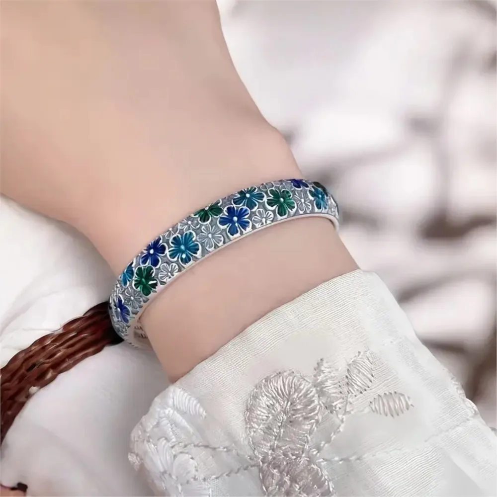 Silver Color Enamel Flower Heart Sutra Cuff Bangle for Women Vintage Flower Engraving Bangles Best Gifts for Girl Jewelry Gifts