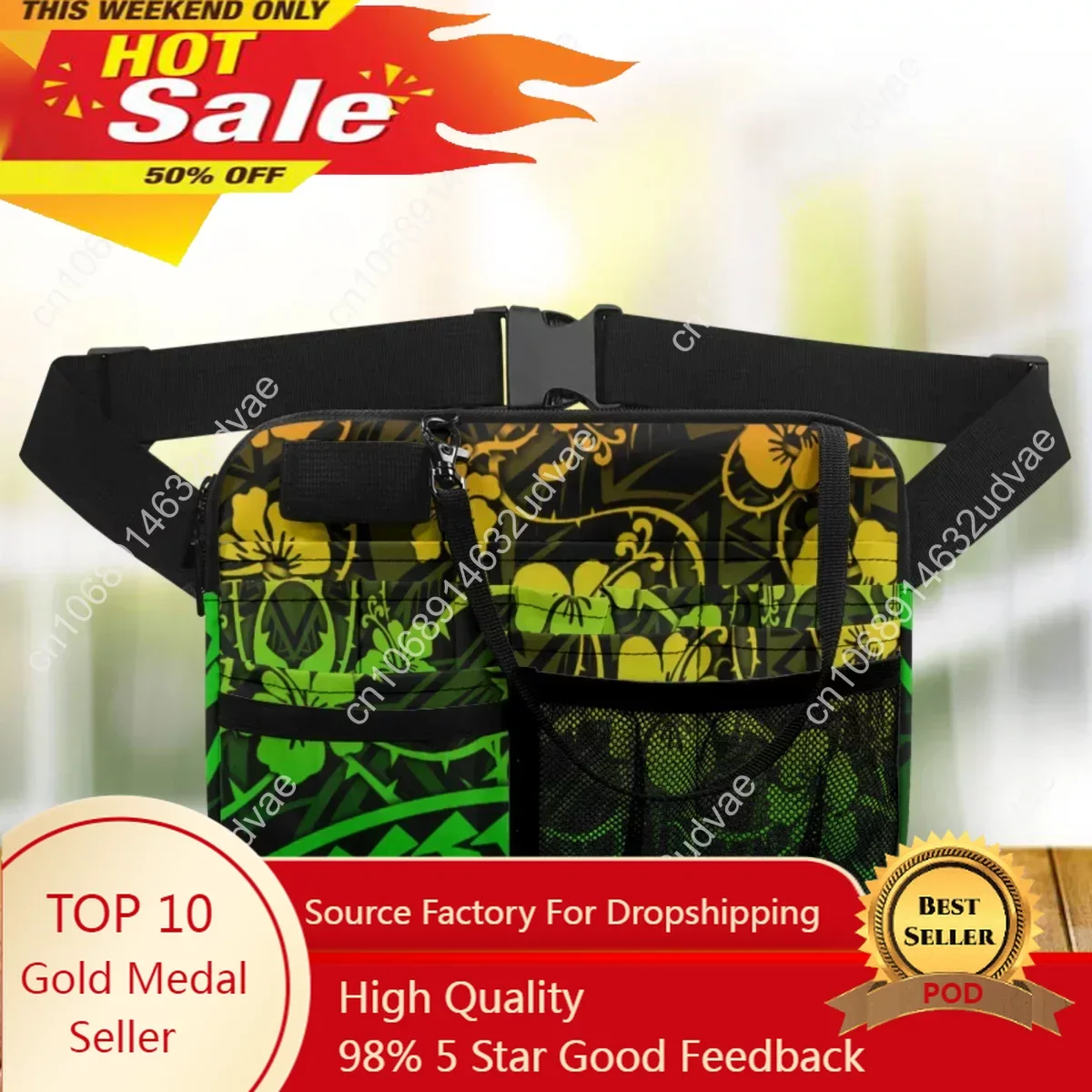 Polynesian Hibiscus Luxury Designer Nurse Waist Bag Fashionable Portable Multi Pocket Medical Pack Tool Holder Practical Hip Bag