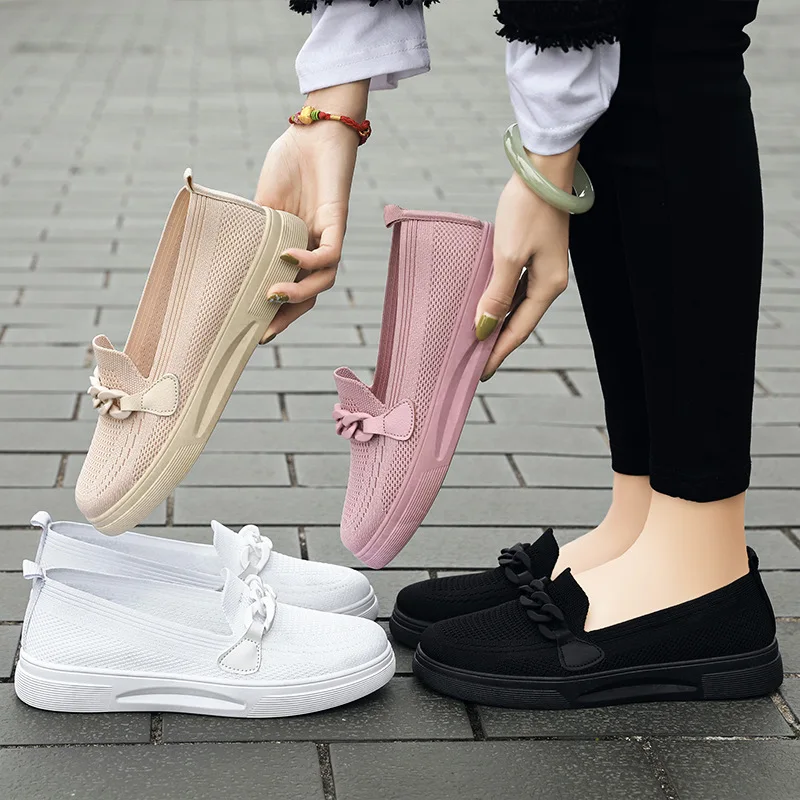

Stretch Knit Flat Shoes Women 2023 Spring Summer Breathable Mesh Flats Moccasins Chain Casual Loafers Slip on Dress Shoe Sneaker