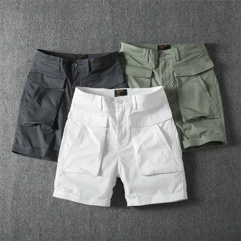 

Men's Summer Multi Pockets Casual Shorts Solid Color Cargo Shorts Fashion Loose Knee Length Overall Shorts Cotton Beach Shorts
