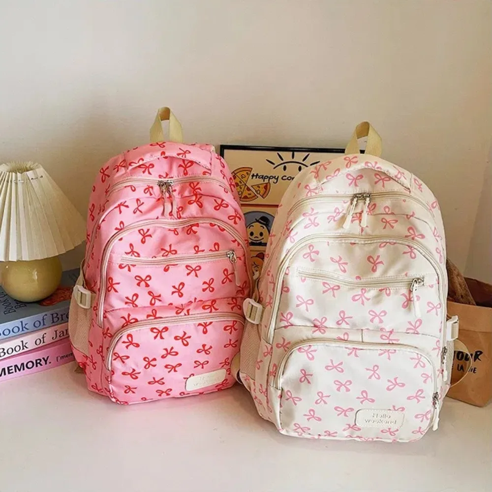 3 Pcs/Set Cute Large Capacity Bow Backpack Bow Print Nylon School Bag Adjustable Strap Travel Backpack 4