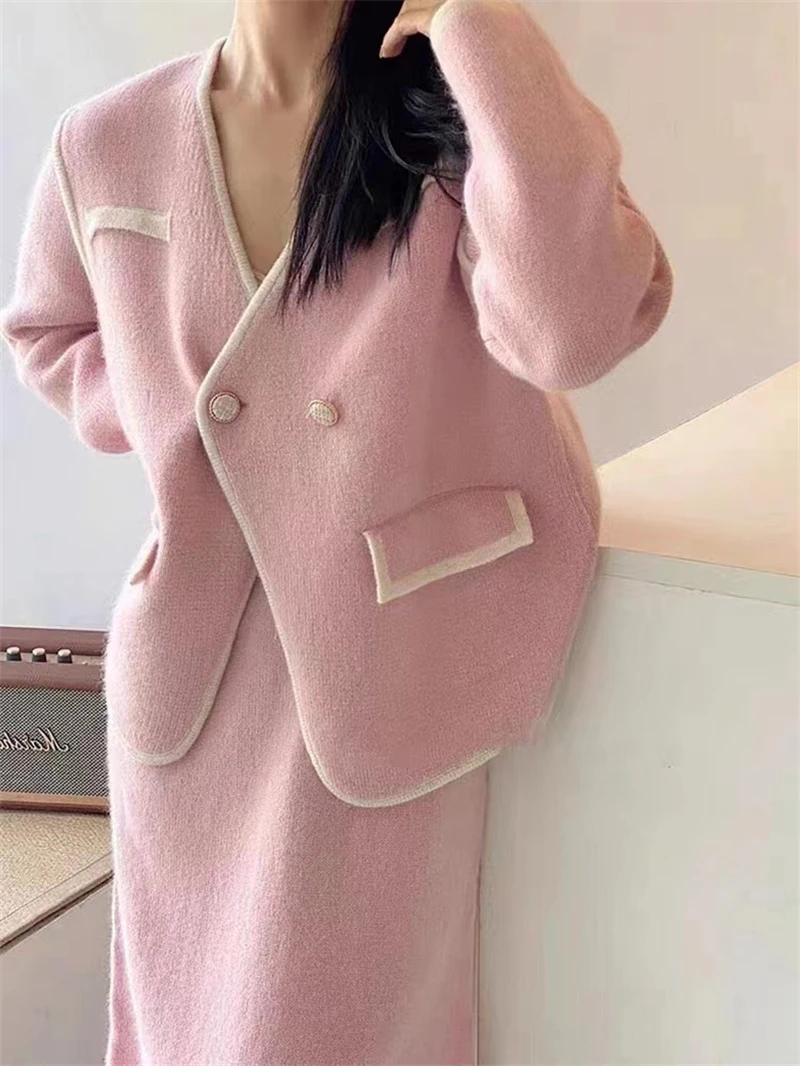 2023 Korean Chic Office Lady Dress Set Elegant White Knit Jacket + Short Vest Dress OL Temperament Dress Pink Knit 2 Piece Set lordloar signature cool max cara knit white