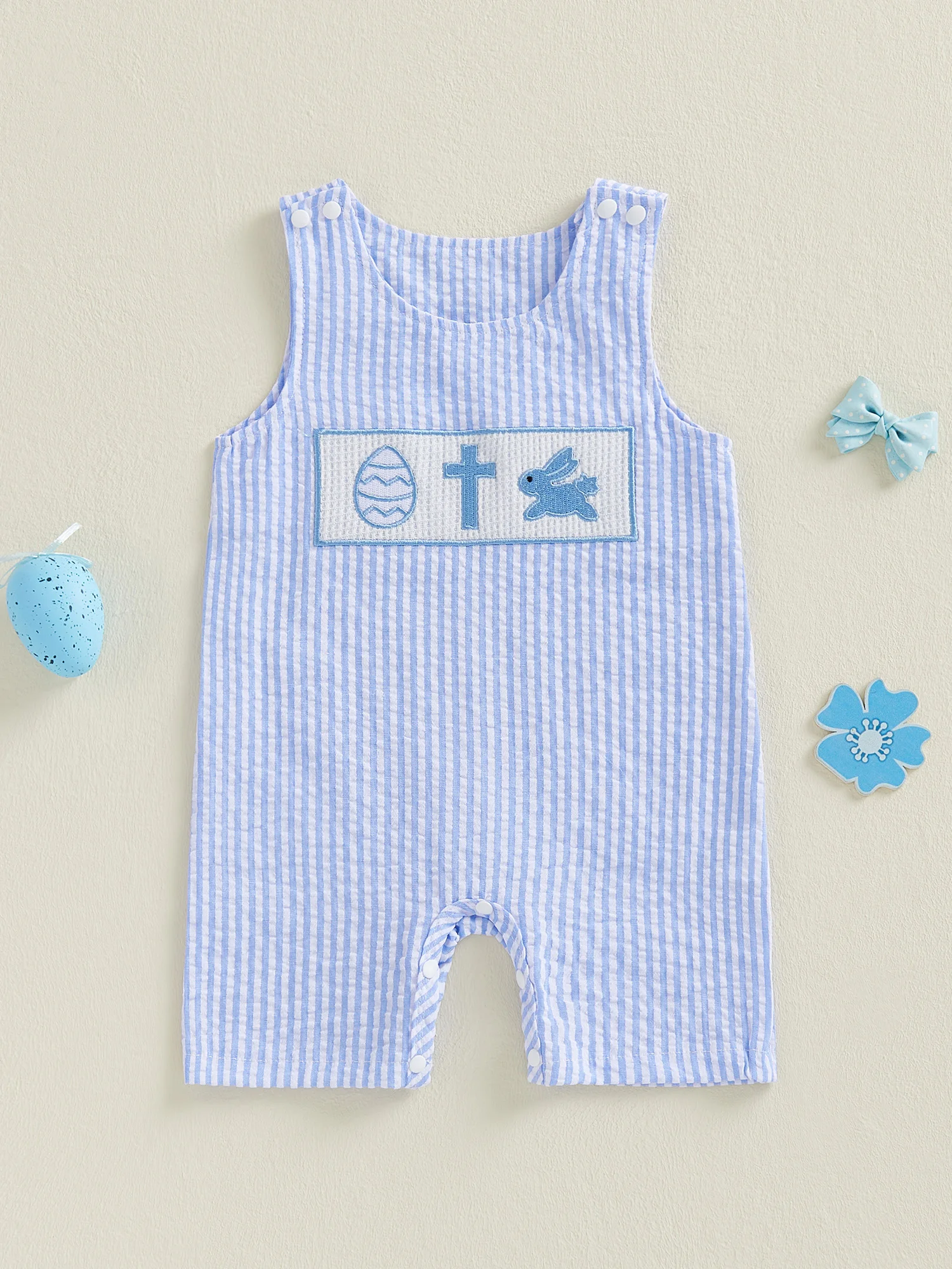 Easter Bunny Baby Boy Romper Overalls with Egg and Cross Embroidery Sleeveless Round Neck Jumpsuit in Striped Design