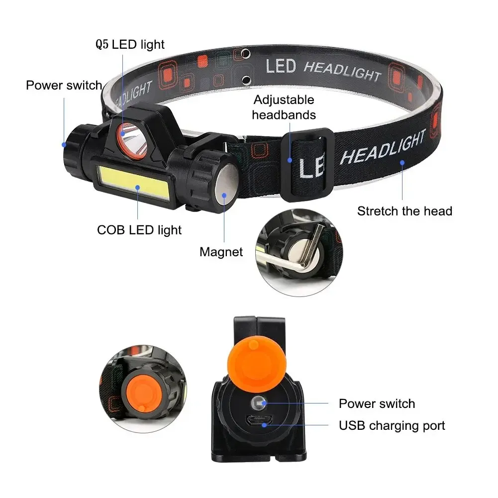 Cob Headlamp Head Flashlight Q5 COB Led Headlamp Powerful Built-in 18650 Battery Outdoor Camping Fishing Headlight Stepless Dimming