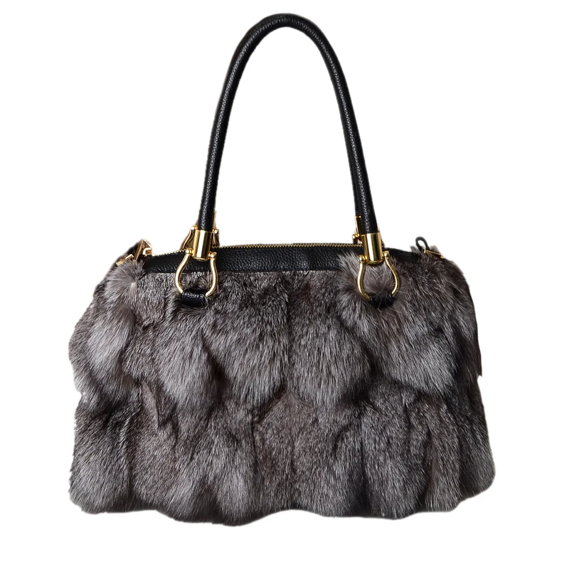Real Fur Women Handbags Real Silver Fox Fur Messenger Bags Female Real Fur Purse Envelope Bag Real Leather Evening Bag