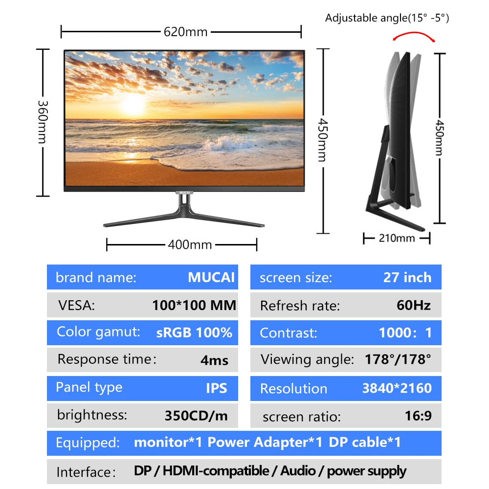 MUCAI PC IPS 4K 60Hz  LED ÷ ũž ӿ ǻ UHD ȭ HDMI ȣȯ DP  3840*2160, 27 ġ