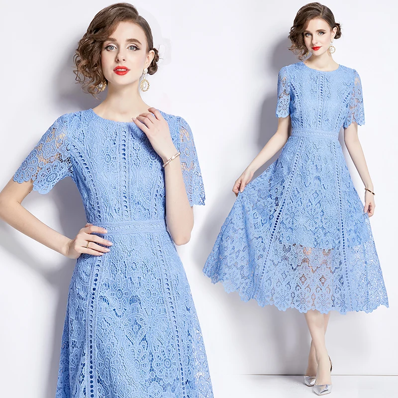 

2024 Summer New Niche Vintage Style O-Neck Lotus Leaf Sleeve Lace Dress Women's Hollowed Out Flower Slim Fit A-Line Long Skirt