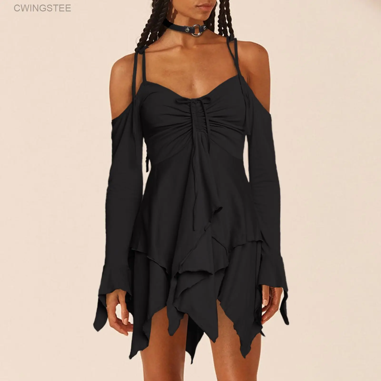 

Womens Spaghetti Strap Dress Long Sleeve Cold Shoulder Tie Front Double Layer Ruffle Irregular Hem Dress Flowy Swing Mini Dress