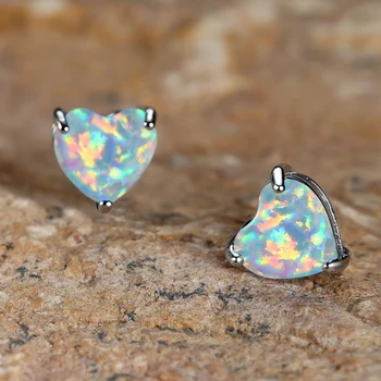 Rainbow Blue White Fire Opal Earrings For Women Silver Color Bridal Heart Stud Earring Wedding Engagement Birthday Party Jewelry