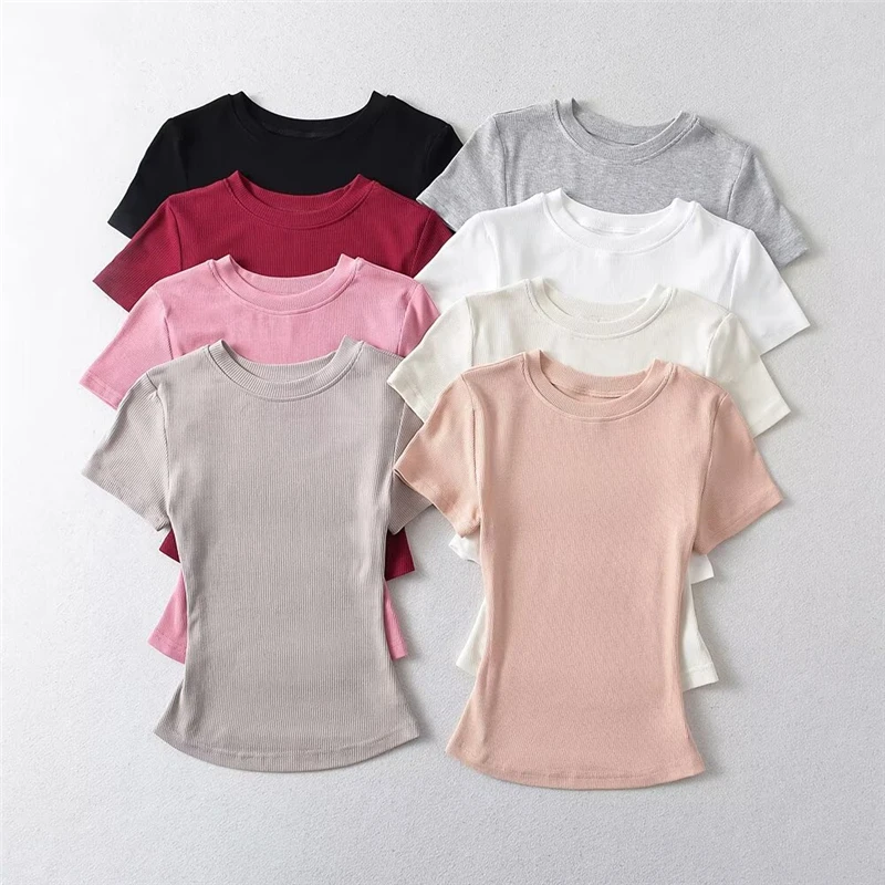 LUNDUNSHIJIA 2024 Summer Sexy Women Basic O-neck Short Sleeve T-shirt Ladies Slim Elasticity Cotton Tee Tops 12 Colors 2