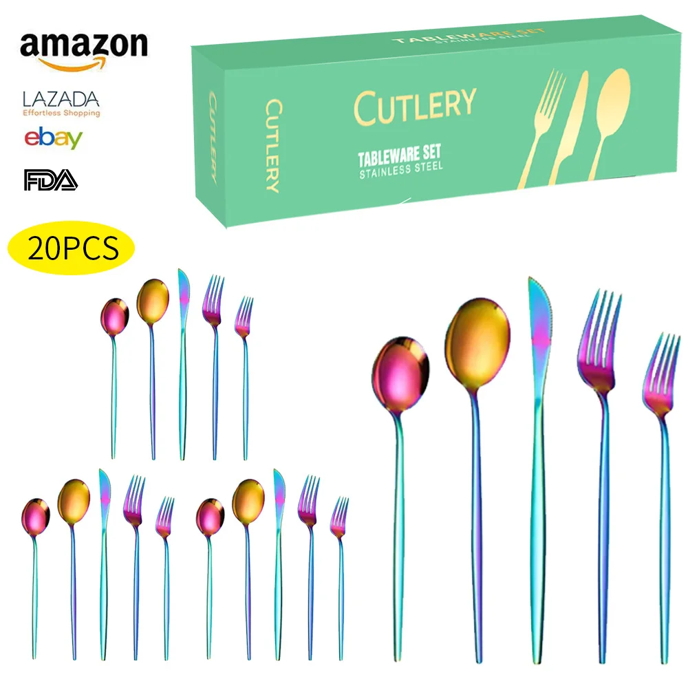 

Stainless Steel Cutlery Knife Fork 20 Pieces of 4 People Western Food Knives Fork Spoon Gift Box Set Dinner Set