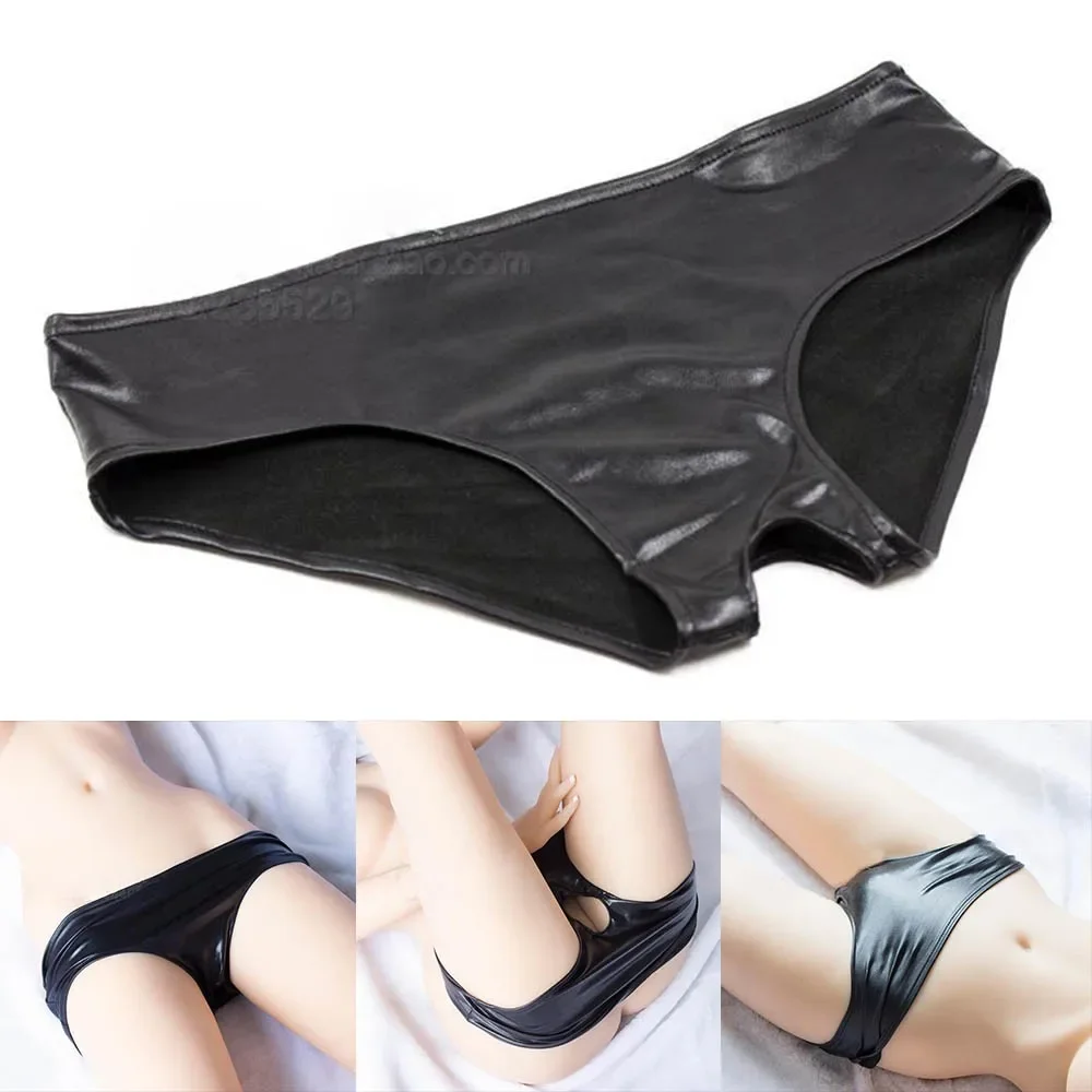 Womens Sexy Underwear Wet Look G-Strings Open Crotch Panties Underpants Lingerie Faux Leather Lingeries Black Shiny Glossy Pants women panties female underwear womens underwear