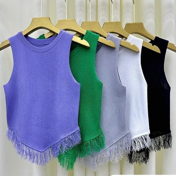 Y2K New Fashion Halter Tank Top Summer Aesthetic Clothes For Women Solid Vintage Crop Tops Tees Tassels Knitted Irregular Vest