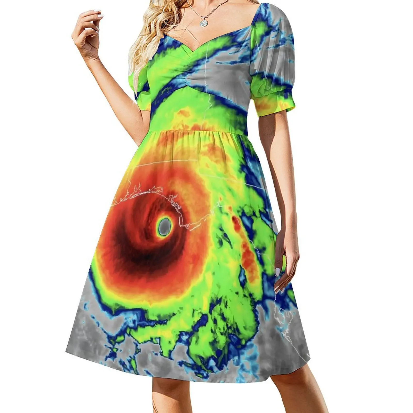 thumbnail image 1 of Vestido de manga corta con satélite infrarrojo del huracán Michael Vestidos de mujer vestidos largos de mujer Vestido, 1 of 7